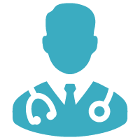 A teal silhouette icon of a doctor with a stethoscope around their neck.