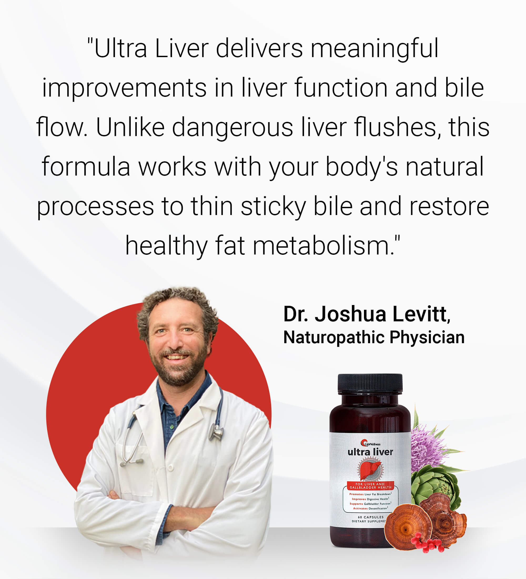 Text about liver supplement with photo of a doctor and a supplement bottle.