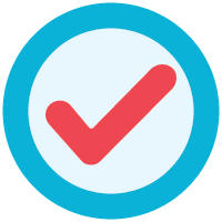 A red checkmark inside a light blue circle with a thick blue border.