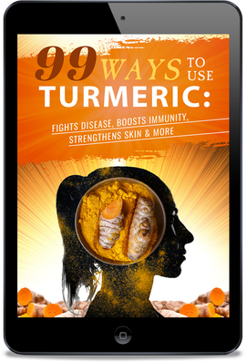 A tablet displaying a book cover titled '99 Ways to Use Turmeric' with a silhouette of a head.