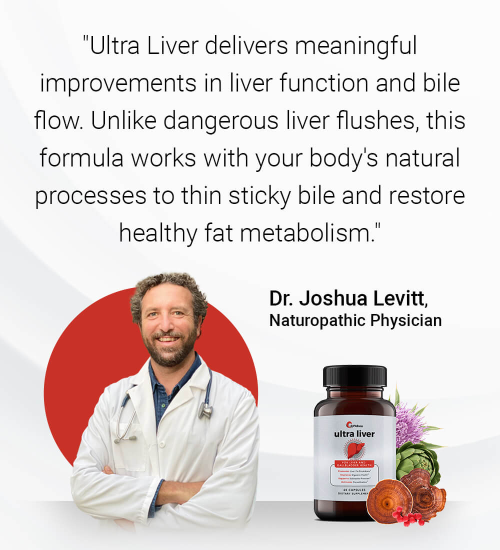 Text about liver supplement with photo of a doctor and a supplement bottle.