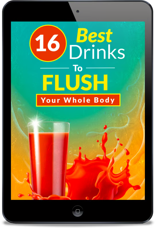 An ad on a tablet screen for '16 Best Drinks to Flush Your Whole Body' with a splashing red drink.
