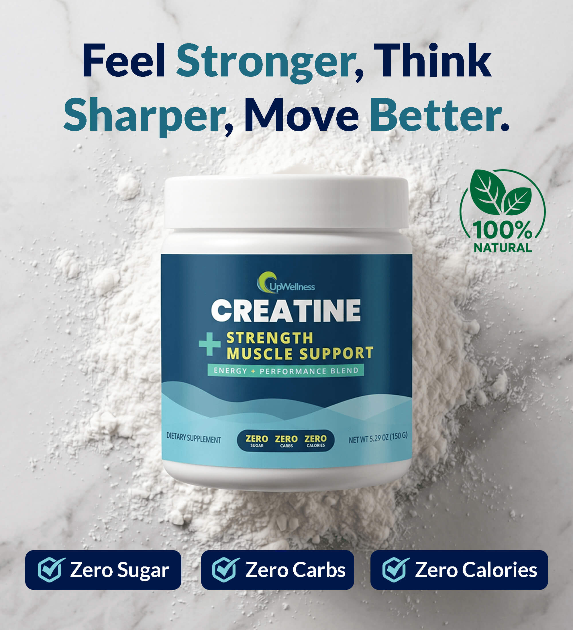 A tub of UpWellness Creatine Strength + Muscle Support supplement sitting in a pile of white powder.