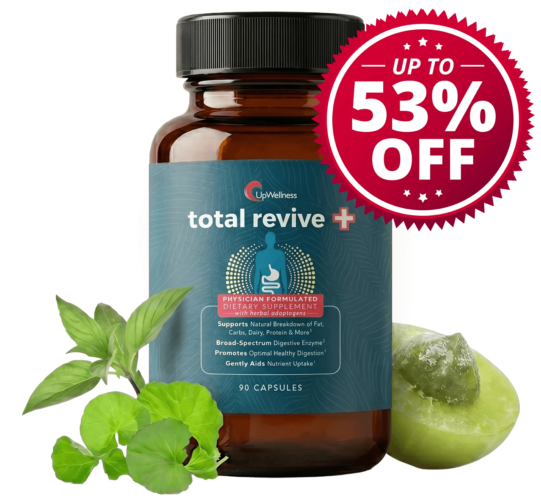 A bottle of UpWellness total revive + dietary supplement with fresh herbs and a 65% off graphic.