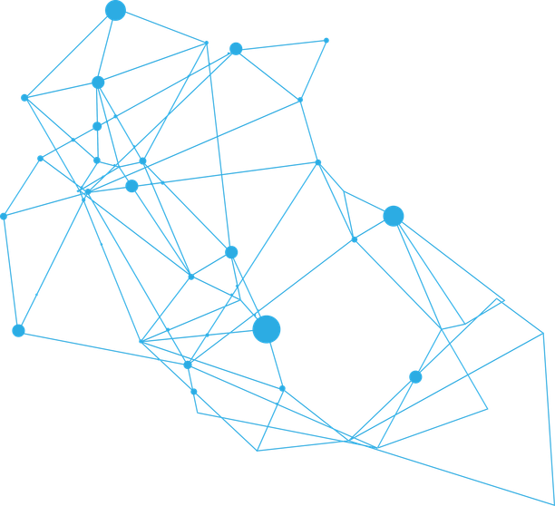 Blue geometric network of connected lines and circles on black background.
