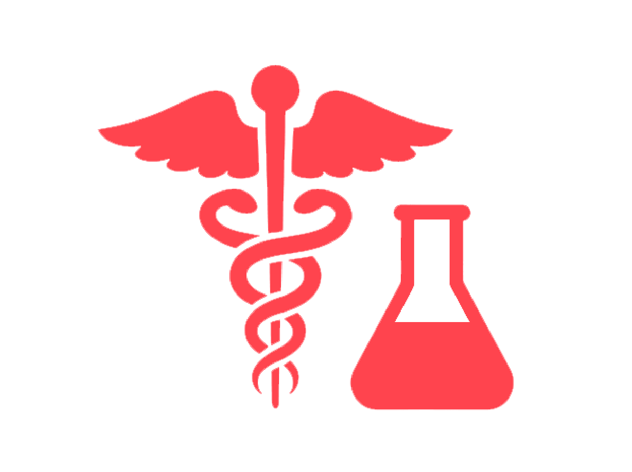 A red icon of a caduceus symbol next to a laboratory flask.
