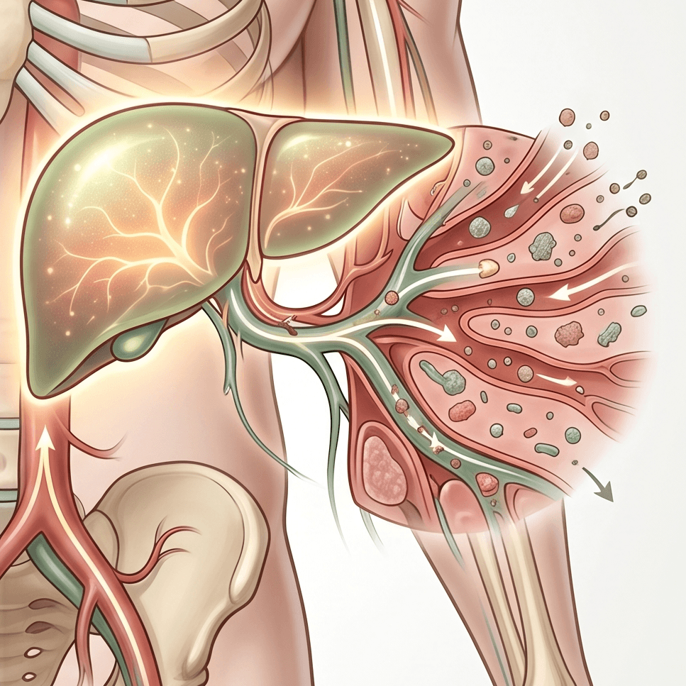 Anatomical illustration of the human liver and its filtering process within the body.