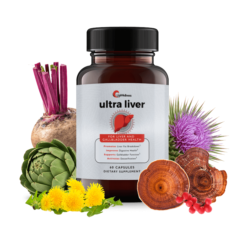 Supplement bottle with various plants and mushrooms around it.