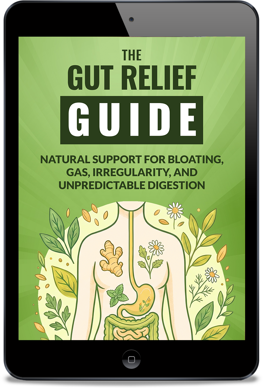 A tablet displays the cover for 'The Gut Relief Guide,' with an illustration of the digestive system.