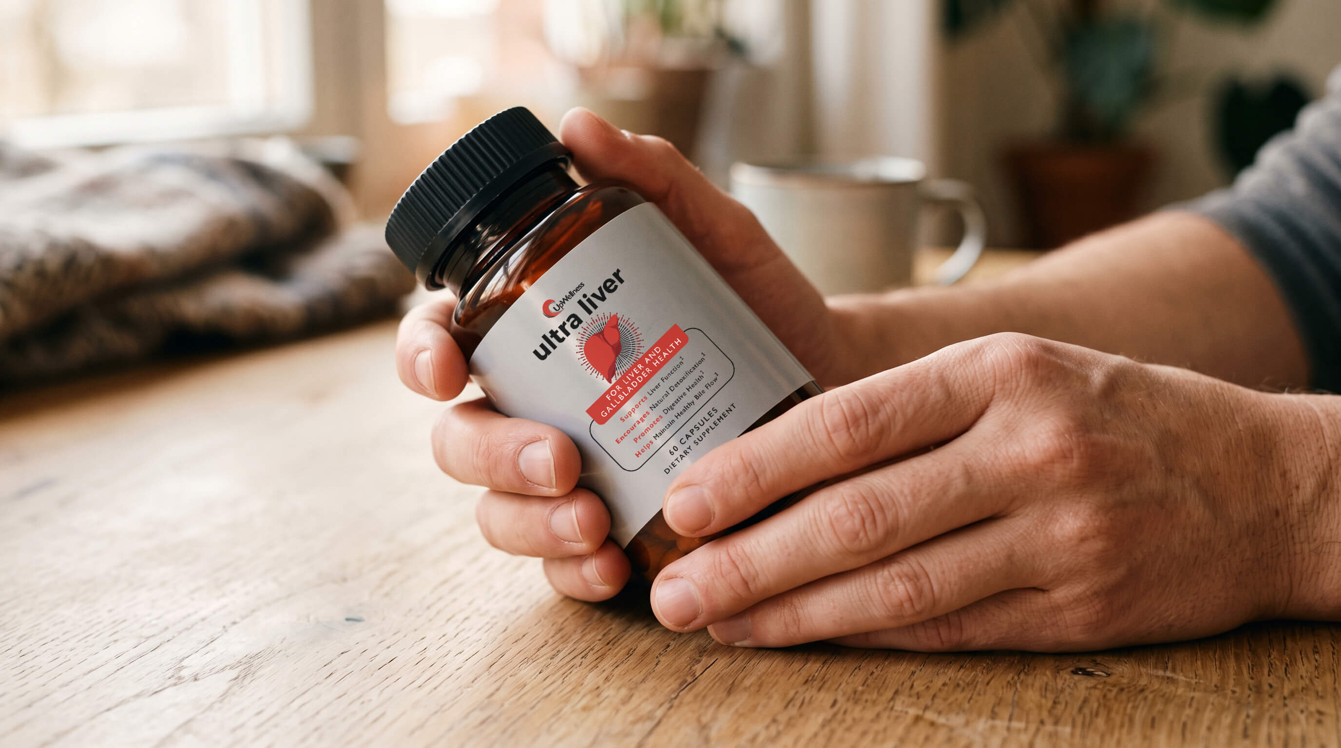 A person's hands holding a bottle of UpWellness ultra liver dietary supplement over a wooden table.
