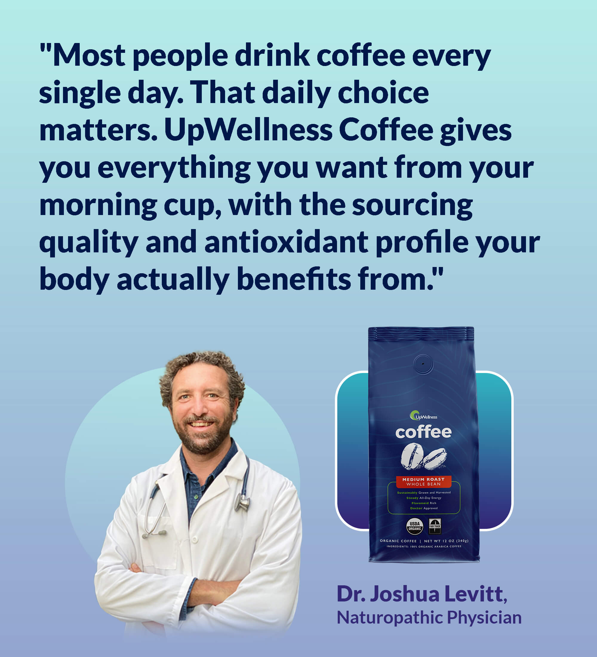 An ad for UpWellness coffee featuring a product shot, a cup of coffee, and Dr. Joshua Levitt.