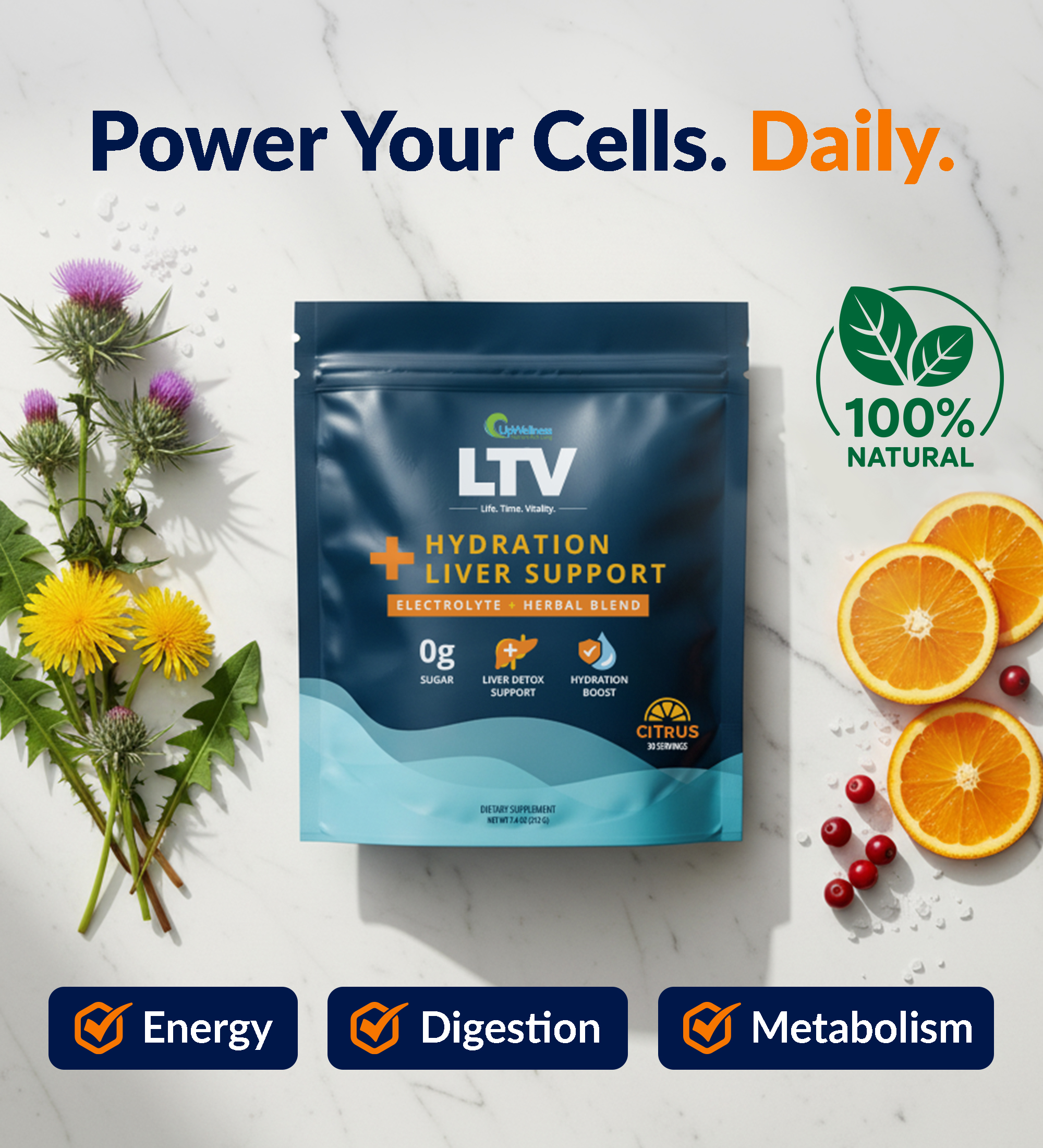 Supplement pack with herbs, orange slices, and text: 'Power Your Cells. Daily.'