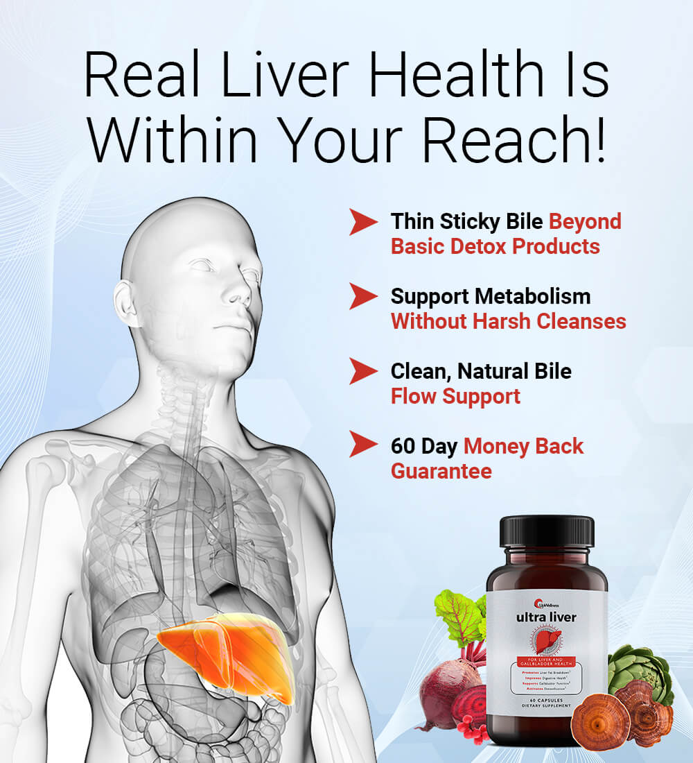 Image of a human torso with highlighted liver, product bottle, and health text.