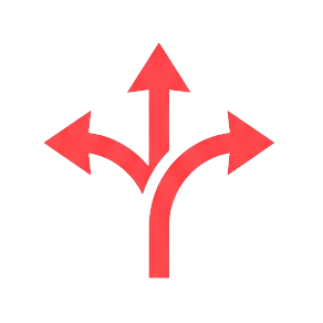 A red icon of a gear with a checkmark inside, next to a laboratory flask.