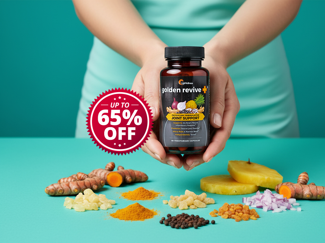 Hands holding a joint support supplement bottle with discount label, surrounded by ingredients.