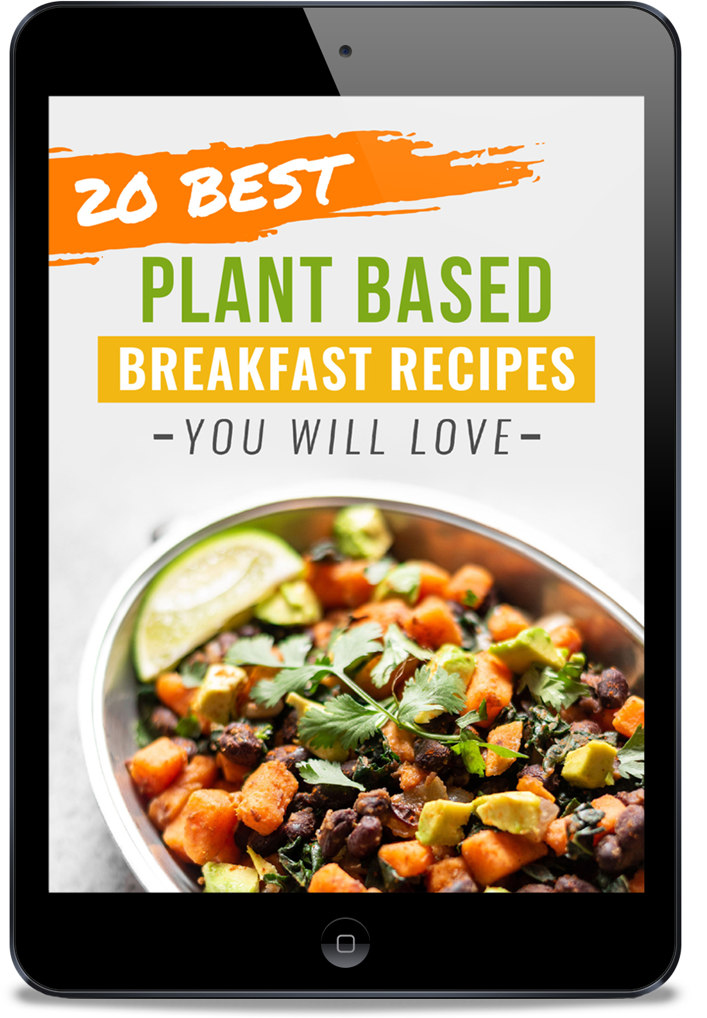A tablet screen showing a plant-based breakfast recipe e-book cover with a bowl of sweet potato hash.