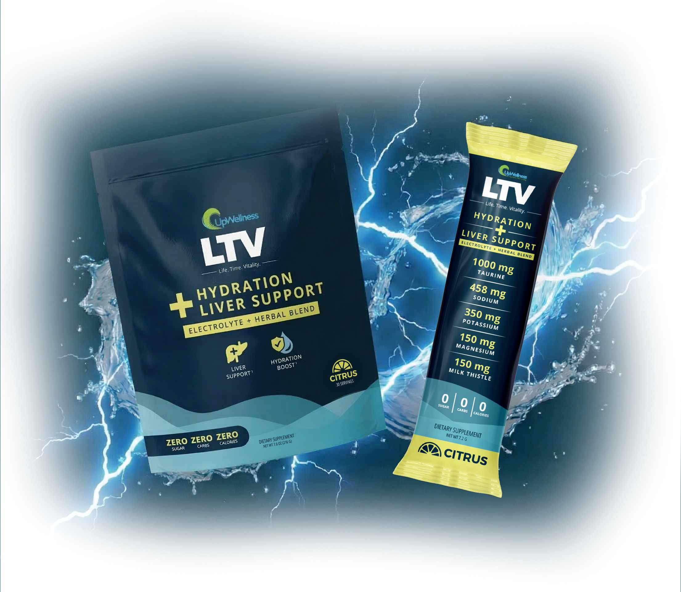A pouch and single-serving stick of UpWellness LTV Hydration Liver Support supplement against a lightning background.