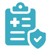 A teal icon of a medical clipboard next to a shield with a checkmark.