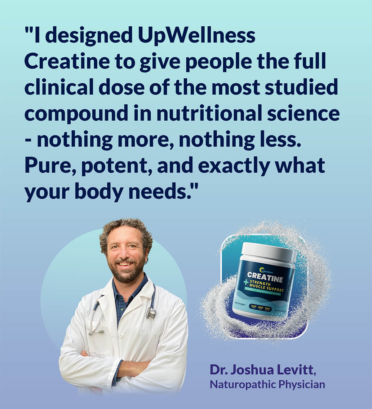 Doctor with folded arms beside LTV hydration product and quote.