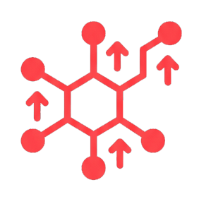 A red line drawing of a small plant with three leaves, roots, and a four-pointed star.