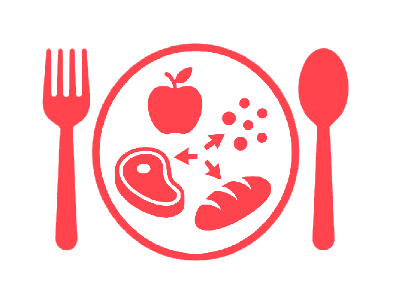 A red icon of a plate with food, a fork, and a spoon, with arrows indicating digestion.