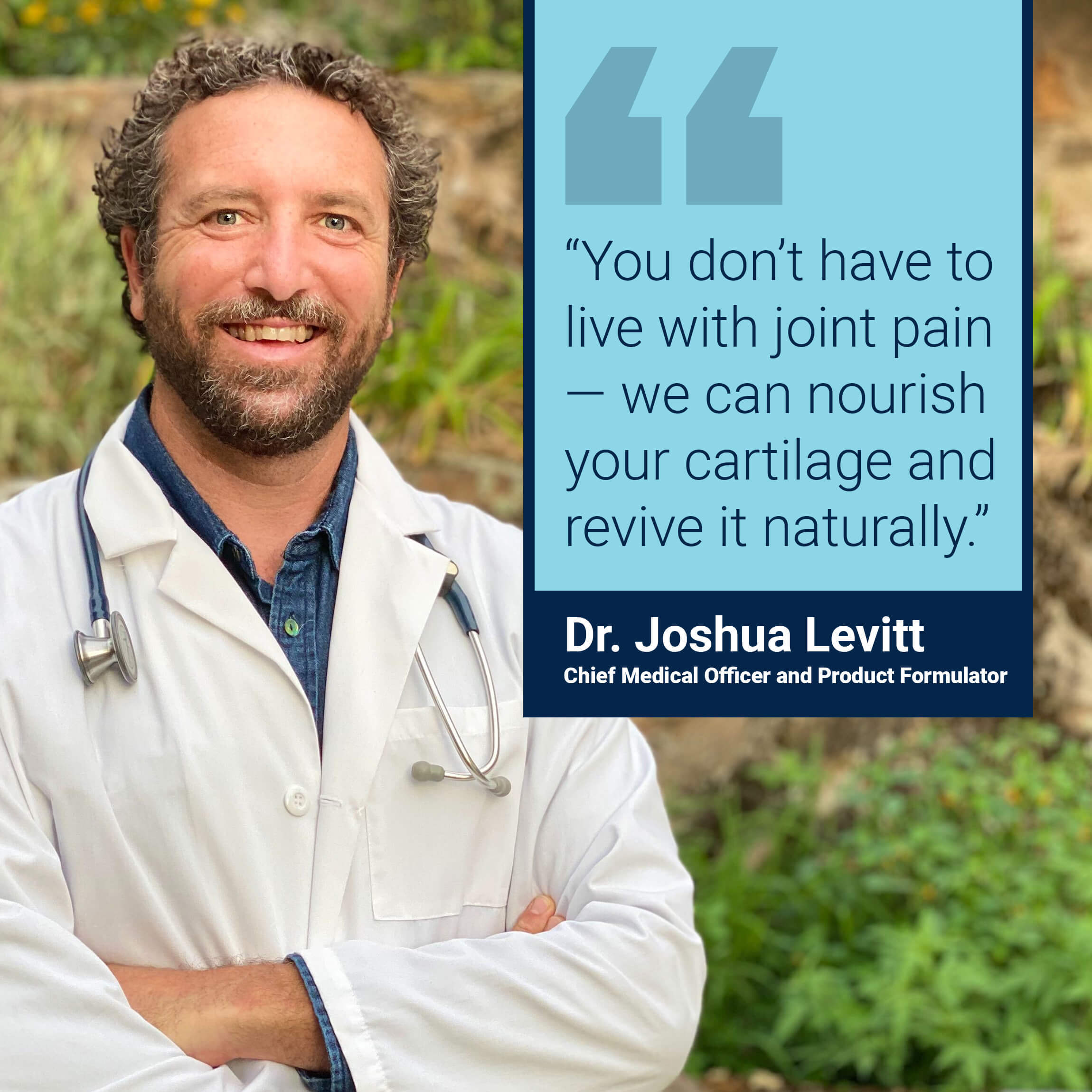 Dr. Joshua Levitt, a smiling man in a white doctor's coat, stands next to a quote.