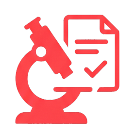 A red icon of a gear with a checkmark inside, next to a laboratory flask.