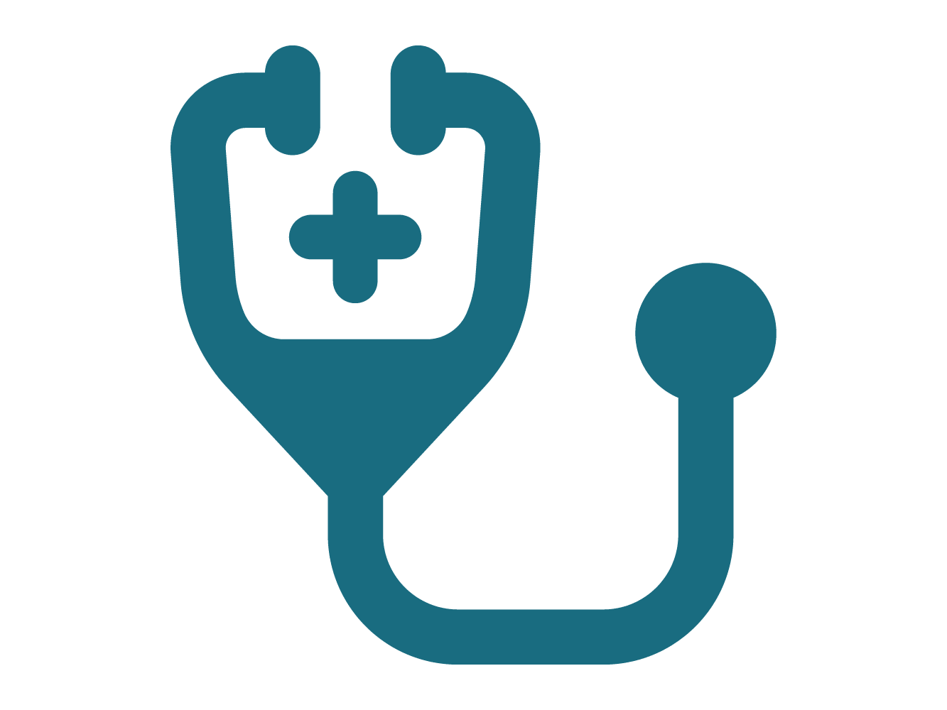 A teal icon of a stethoscope with a medical plus sign on it against a white background.