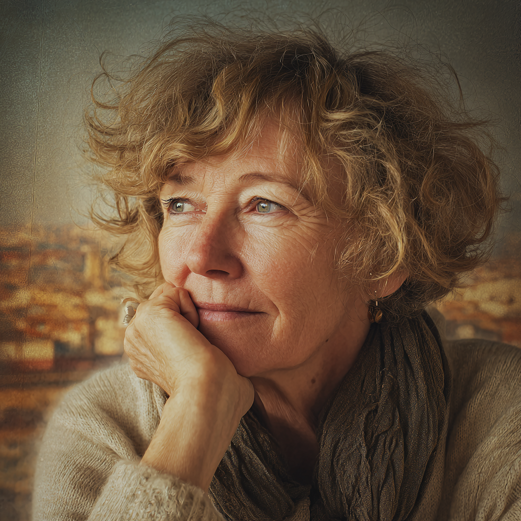 Woman smiling in front of an abstract painting.