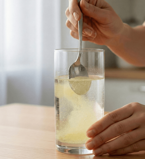 A hand pours yellow hydration powder from a small packet into a clear glass of water.