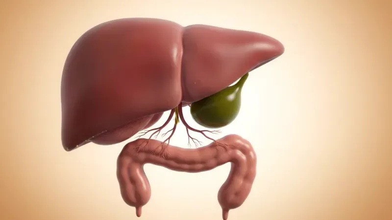 A 3D rendering of the human liver, gallbladder, and a section of the large intestine.