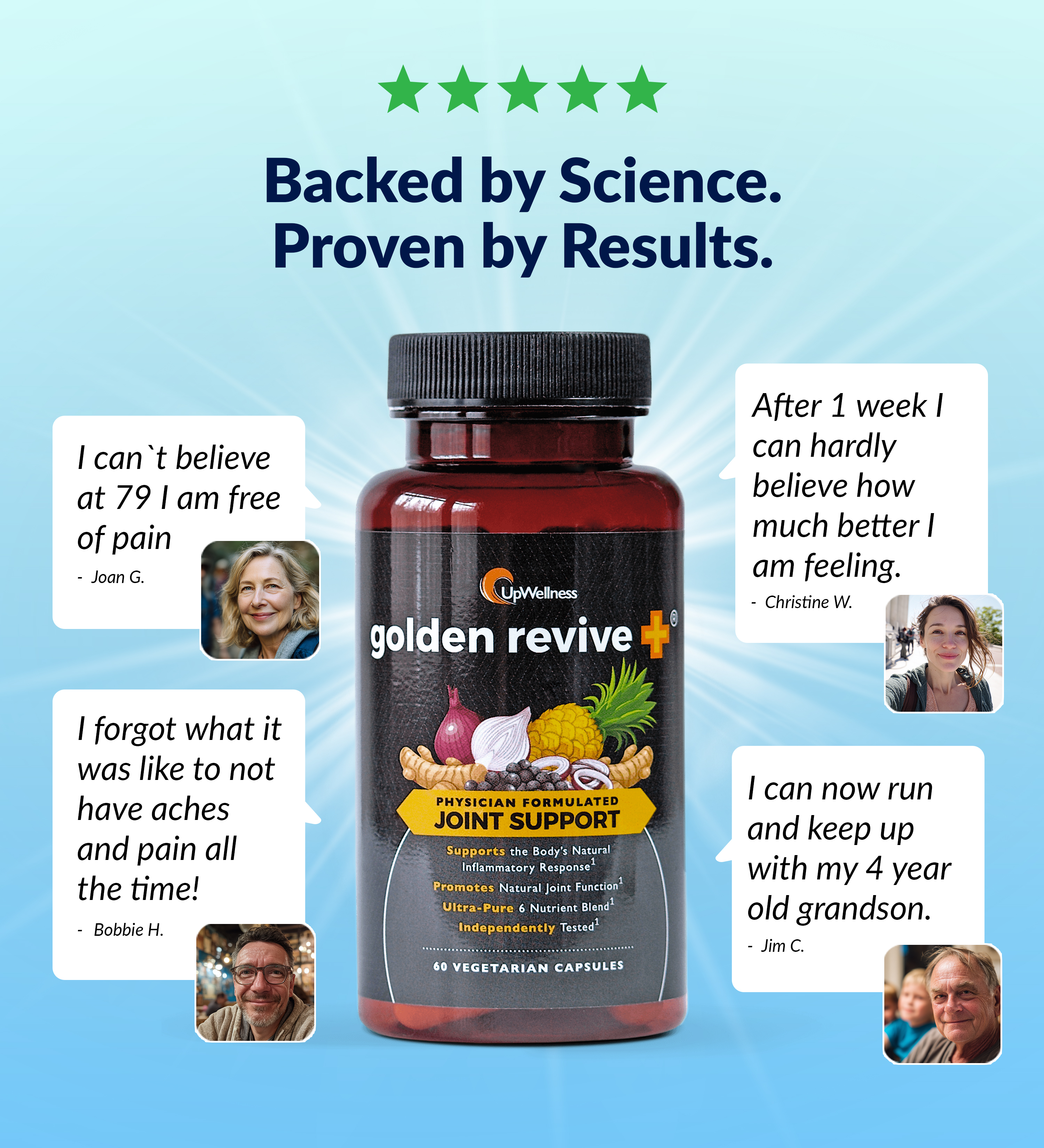 Supplement bottle with customer testimonials and a 'Backed by Science' headline.