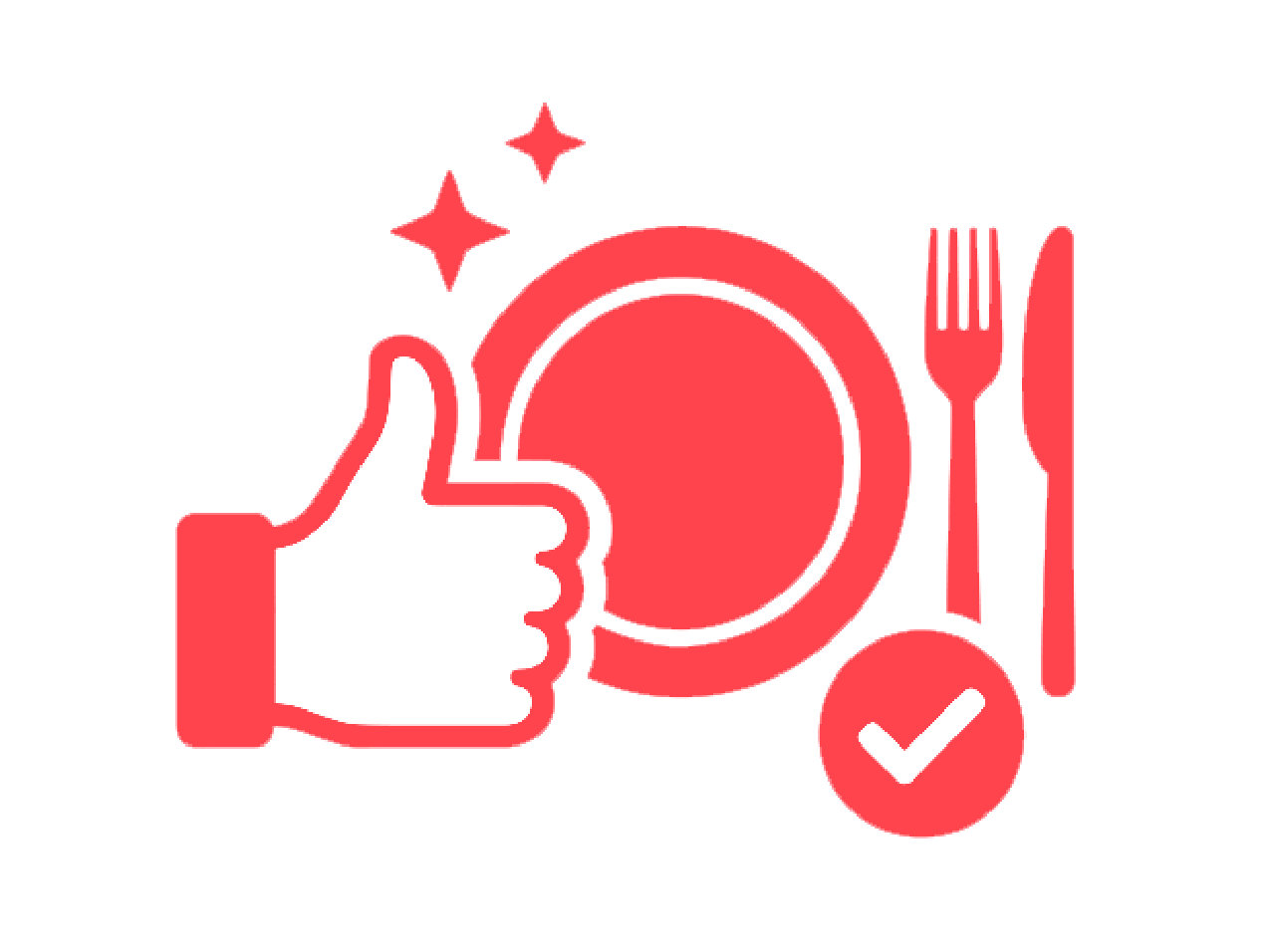 A red icon showing a thumbs-up next to a sparkling clean plate, utensils, and a checkmark.
