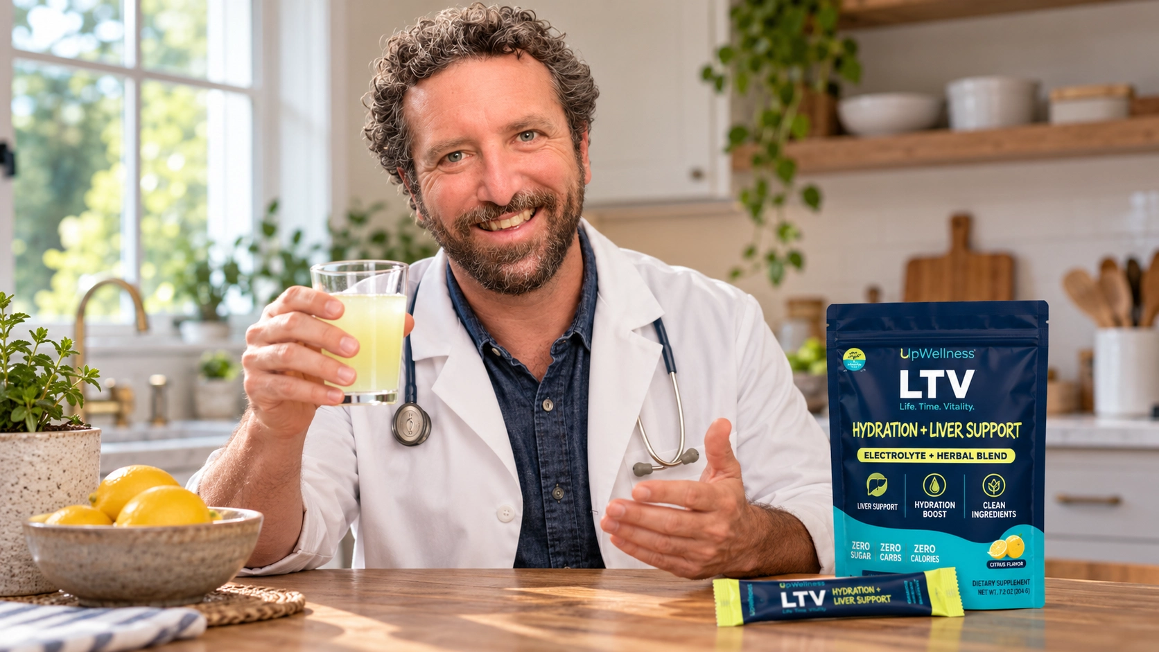 A smiling man in a lab coat holds a drink next to UpWellness LTV Hydration + Liver Support.