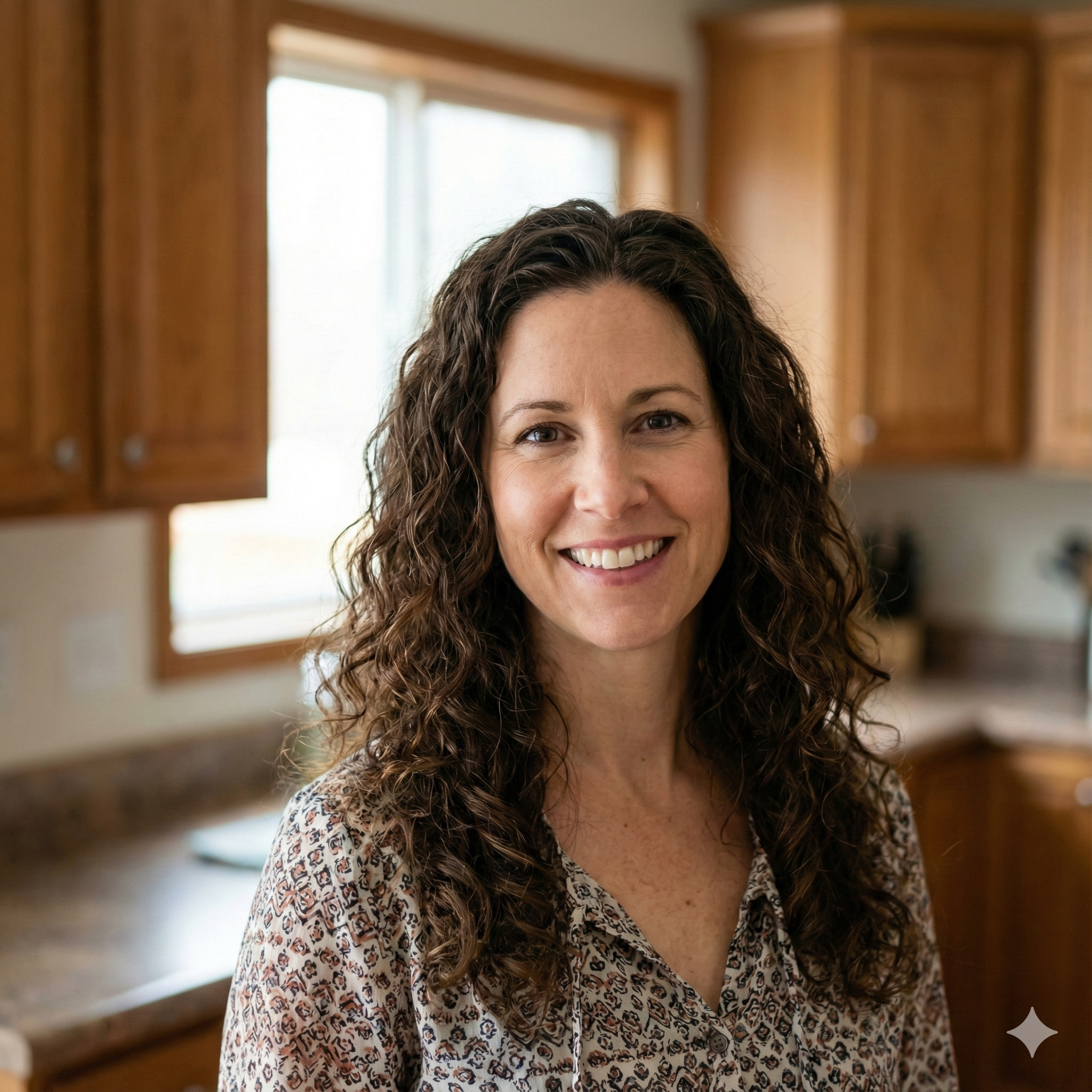 Woman smiling in front of an abstract painting.