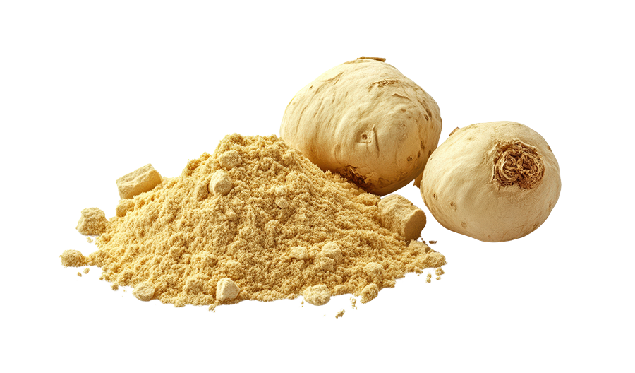 Two beige root vegetables with a pile of beige powder.