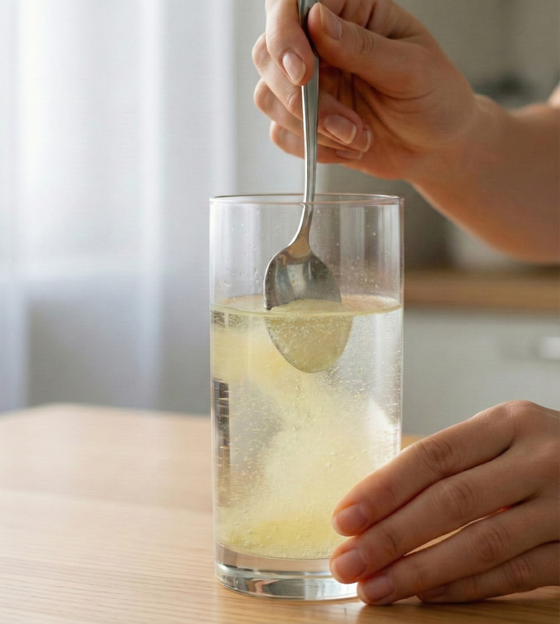 A person stirs a fizzy, yellow powder dissolving in a glass of water with a spoon.