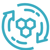 A teal icon of three hexagons in a honeycomb pattern, surrounded by a circle of rotating arrows.