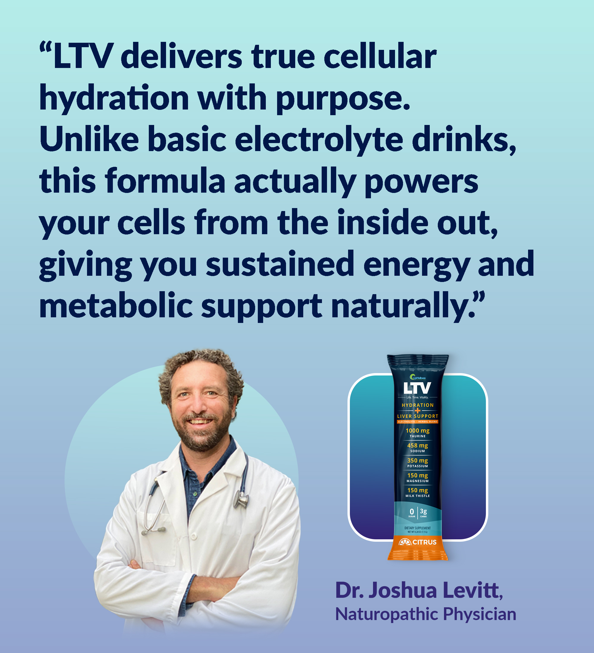Doctor with folded arms beside LTV hydration product and quote.
