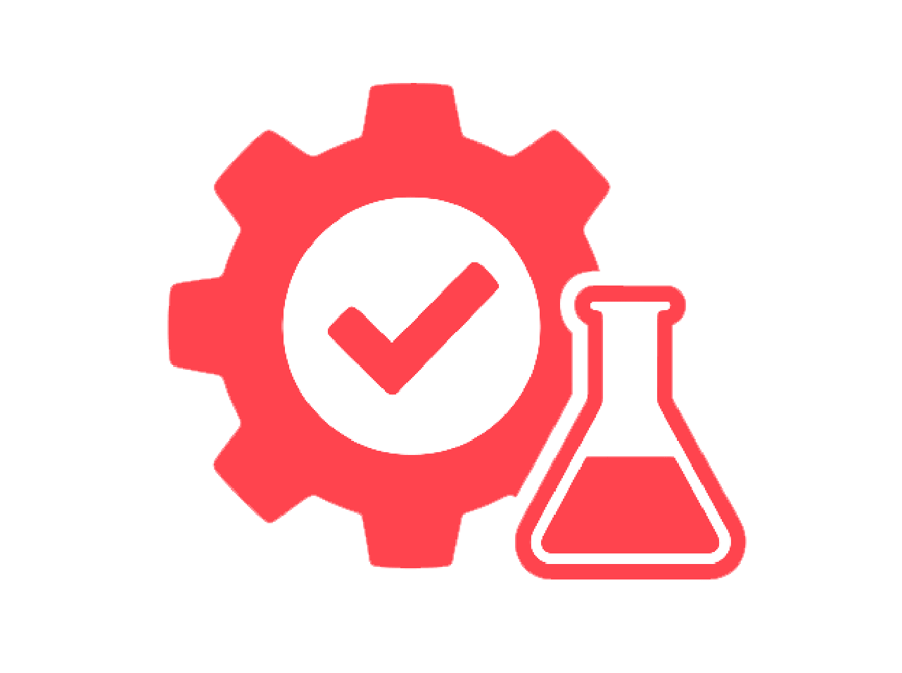 A red icon of a gear with a checkmark inside, next to a laboratory flask.