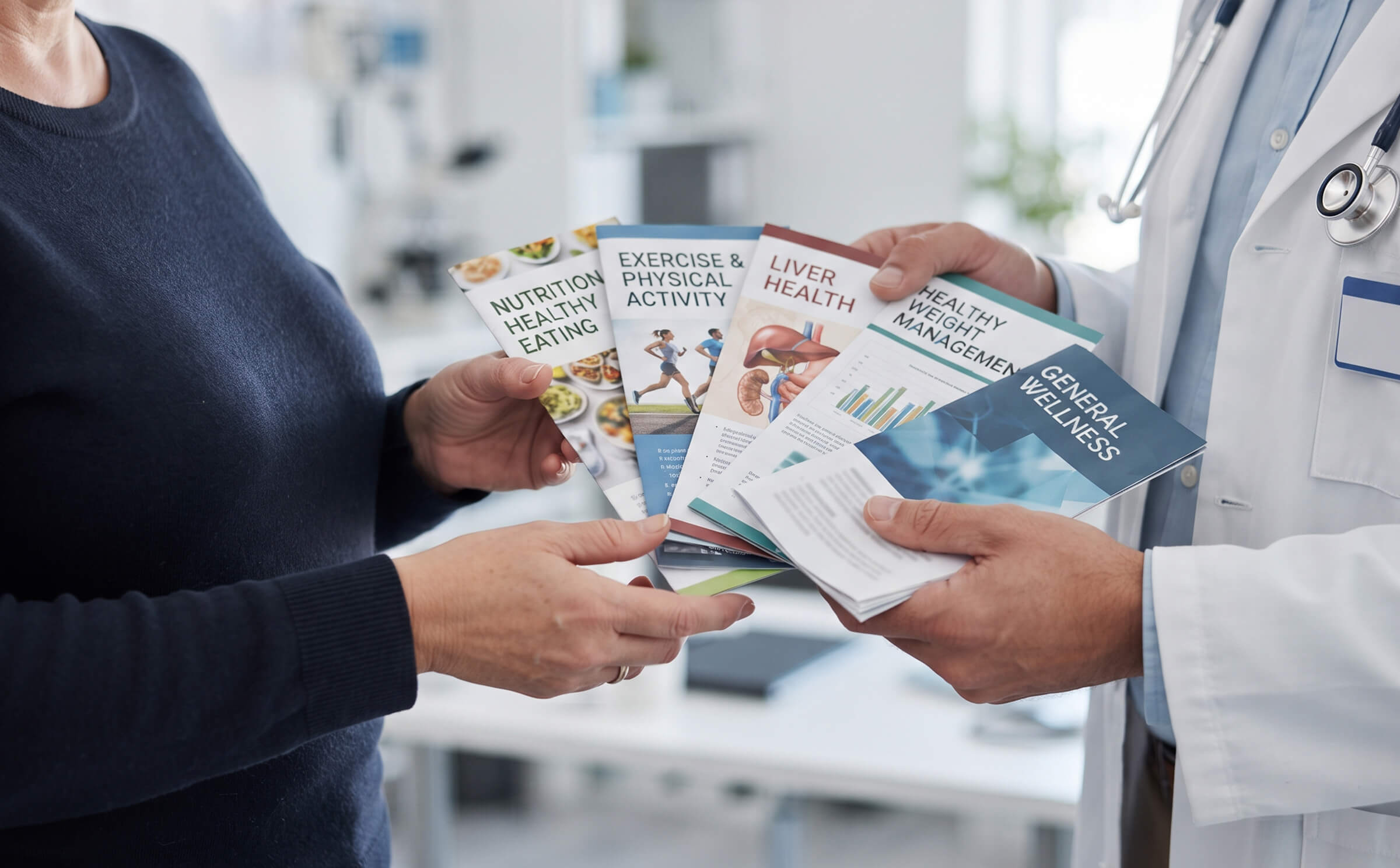 A doctor in an exam room shows a female patient brochures about nutrition, exercise, and liver health.