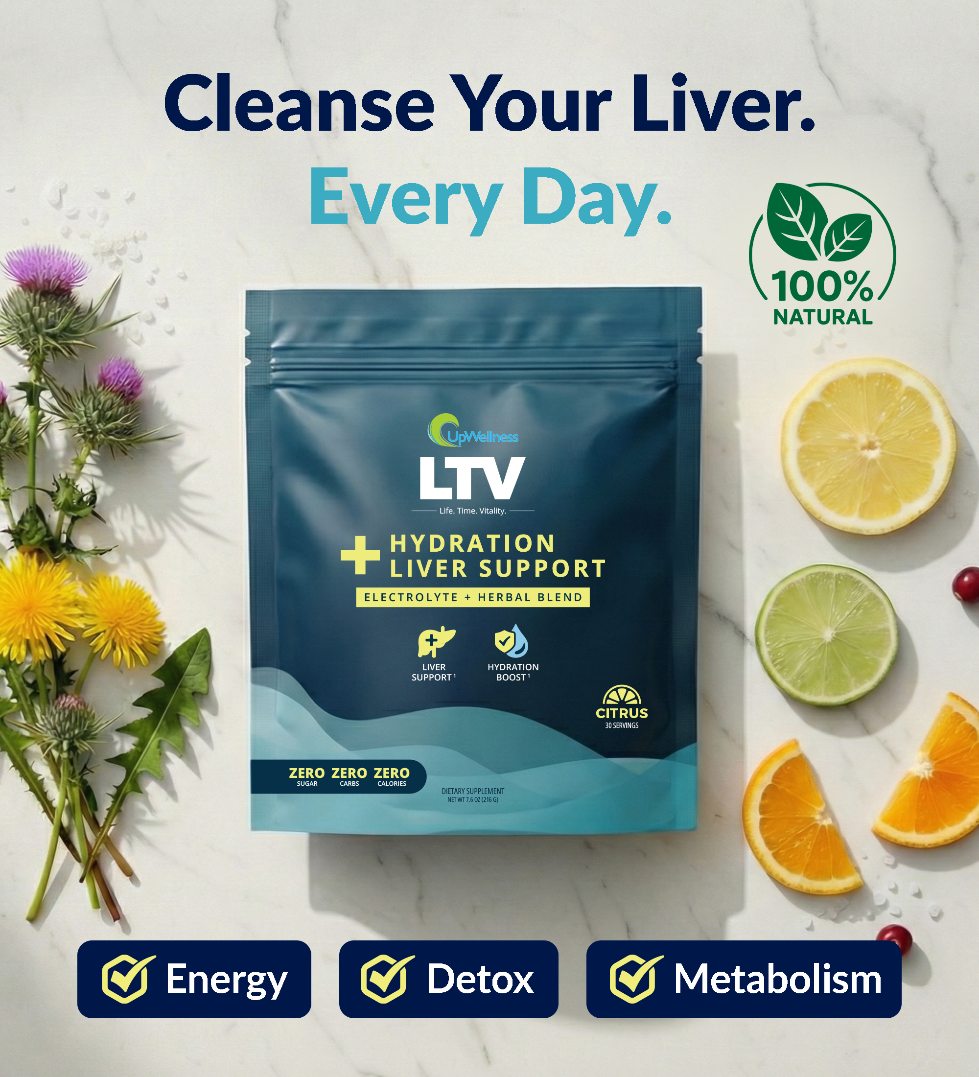 A pouch of UpWellness LTV Hydration Liver Support surrounded by citrus fruits, dandelions, and milk thistle.