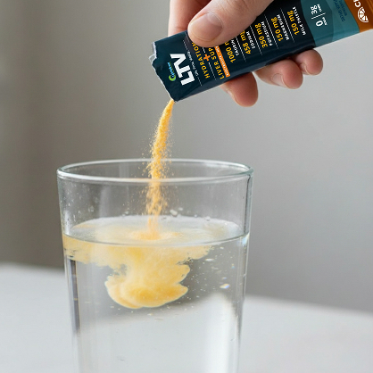 A person pouring yellow powder from a packet into a glass of clear water.