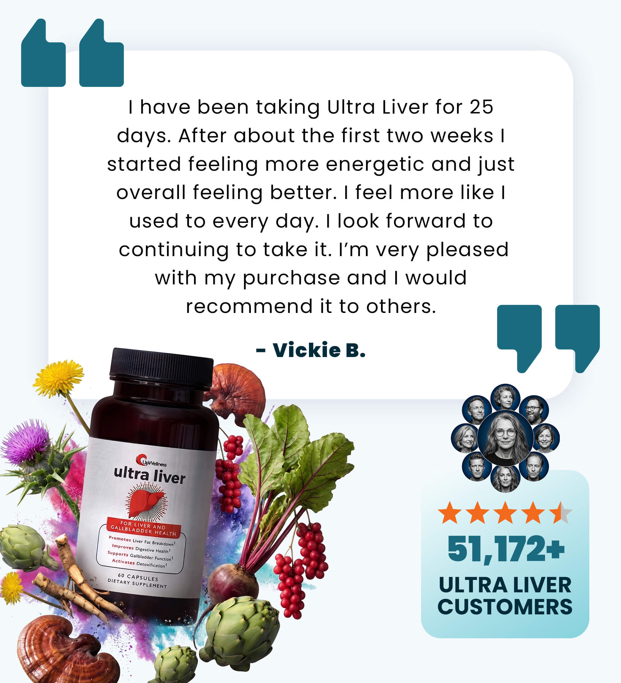 A smiling woman holds a bottle of UpWellness ultra liver dietary supplement in an advertisement.
