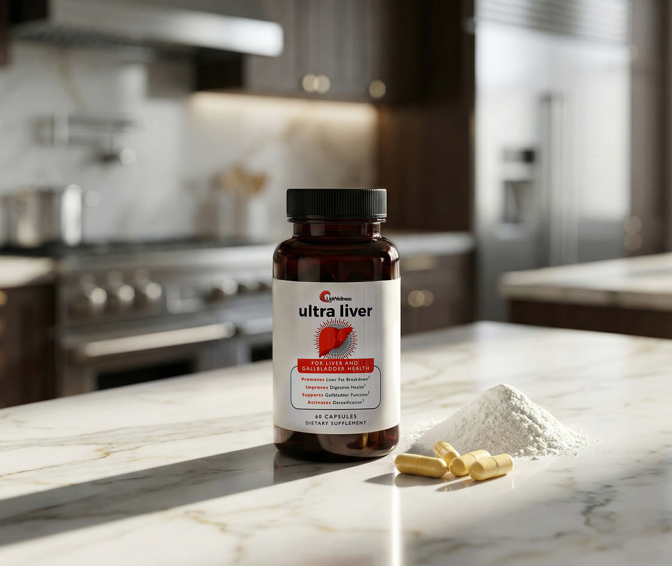 Hydration liver support supplement on wooden surface, person with surfboard in background.