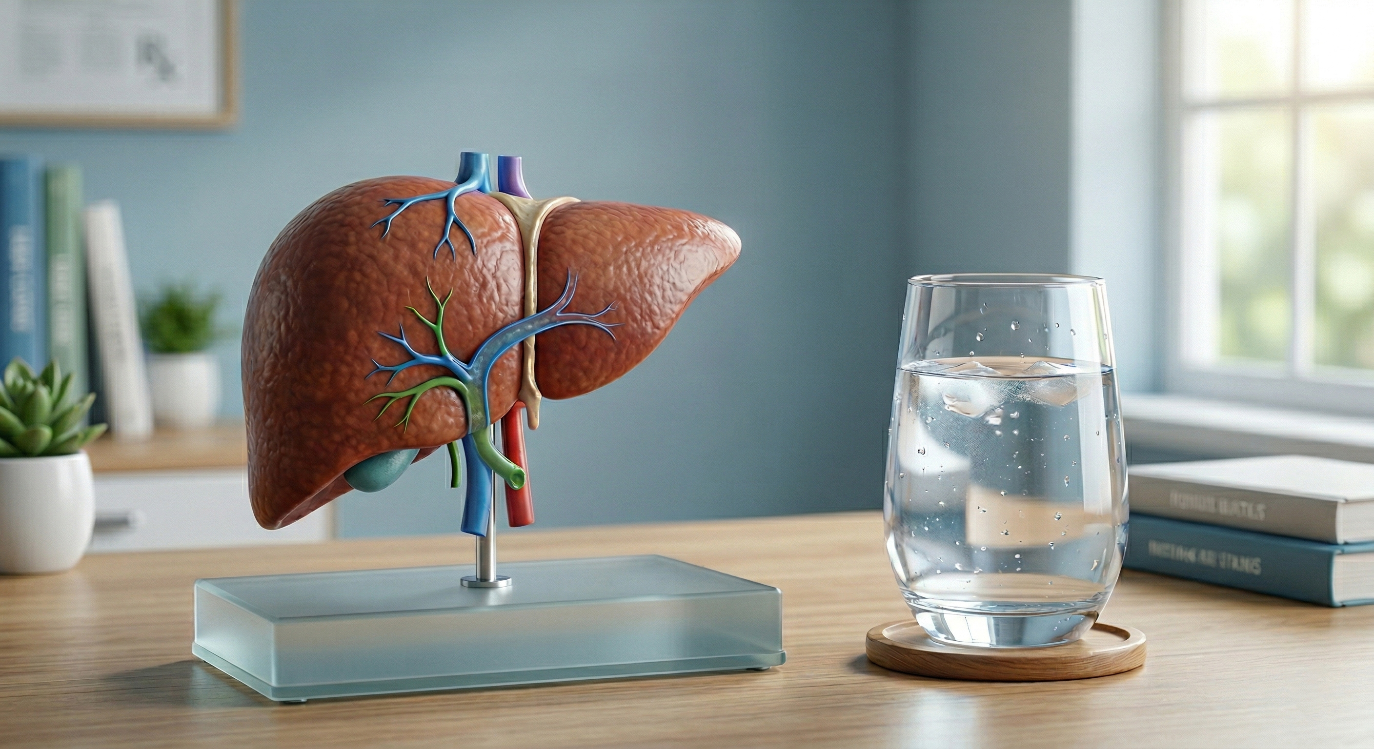 An anatomical model of a human liver on a stand sits on a wooden desk next to a glass of water.