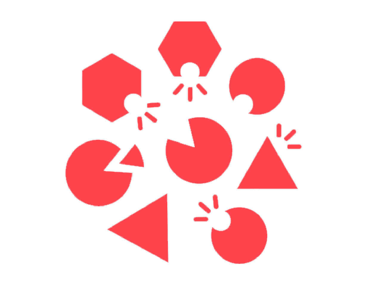 An abstract graphic of various red geometric shapes like circles, triangles, and hexagons with cutouts.