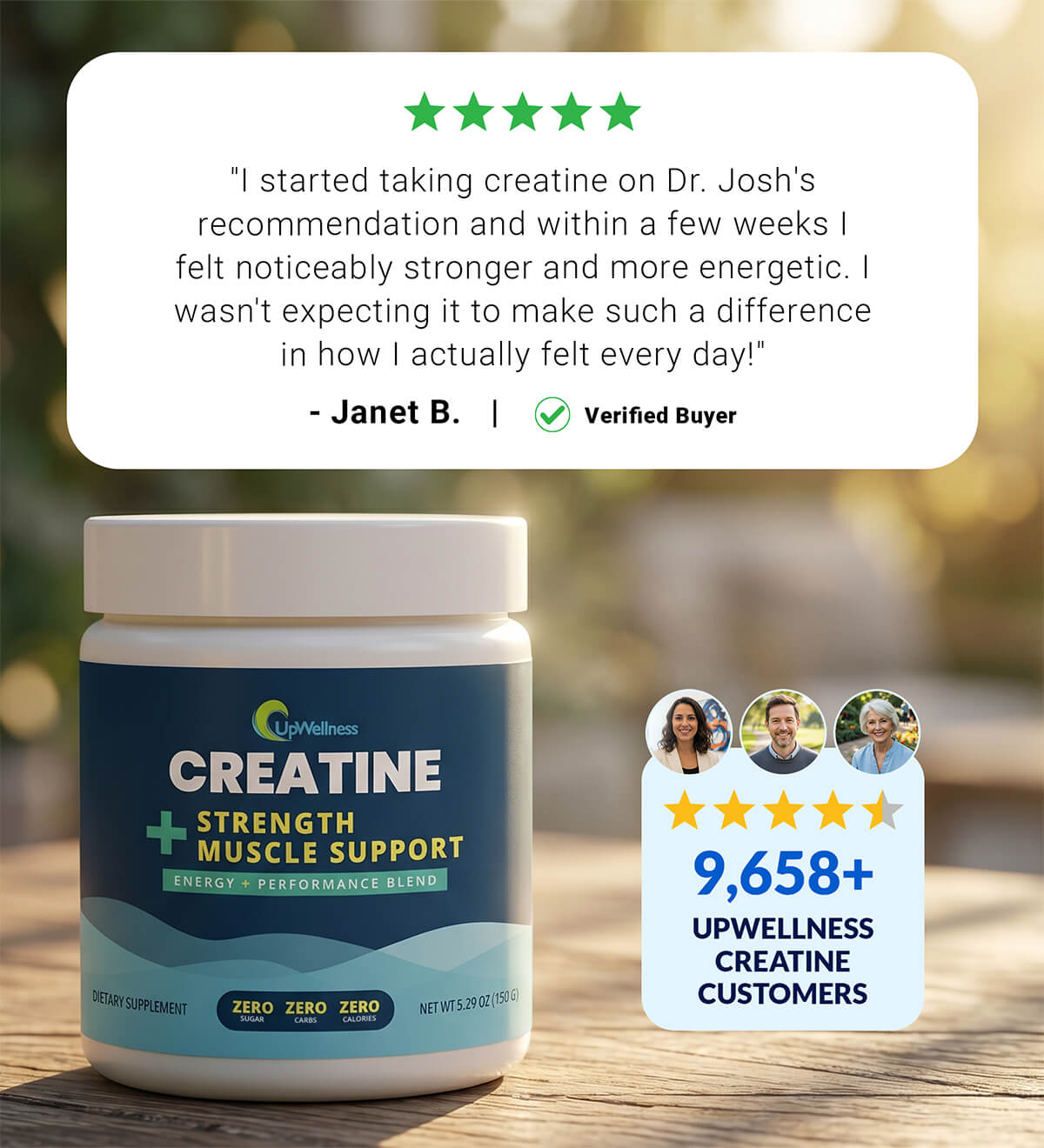 Product package with text overlay and customer reviews.