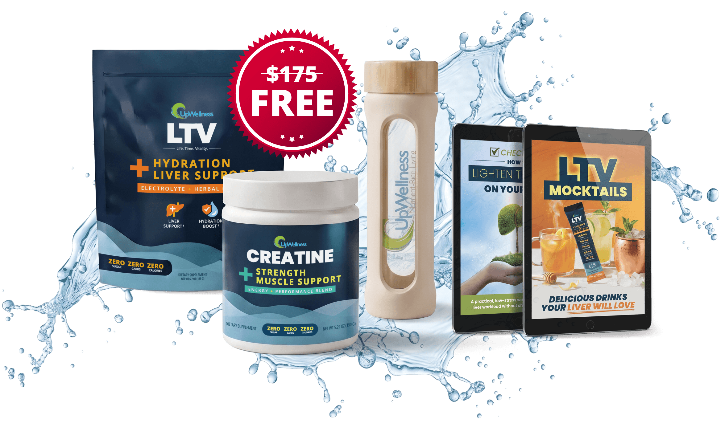 UpWellness supplements, a water bottle, and two tablets showing digital content, with a water splash background.