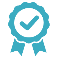 A teal-colored award ribbon icon with a white checkmark in the center.